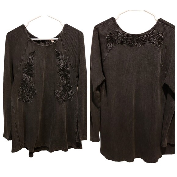 Soft Surroundings Camden Waffle Knit Dark Charcoal Black Longsleeve Top Size PL - Picture 1 of 10